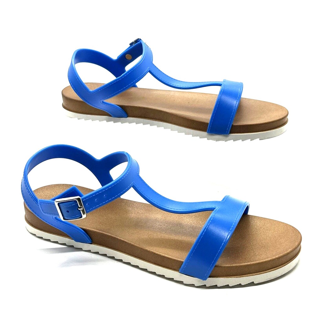 Kali Brown ICY Blue Strappy Sandals Open Toe T-Strap Buckle Closure - Women's 9